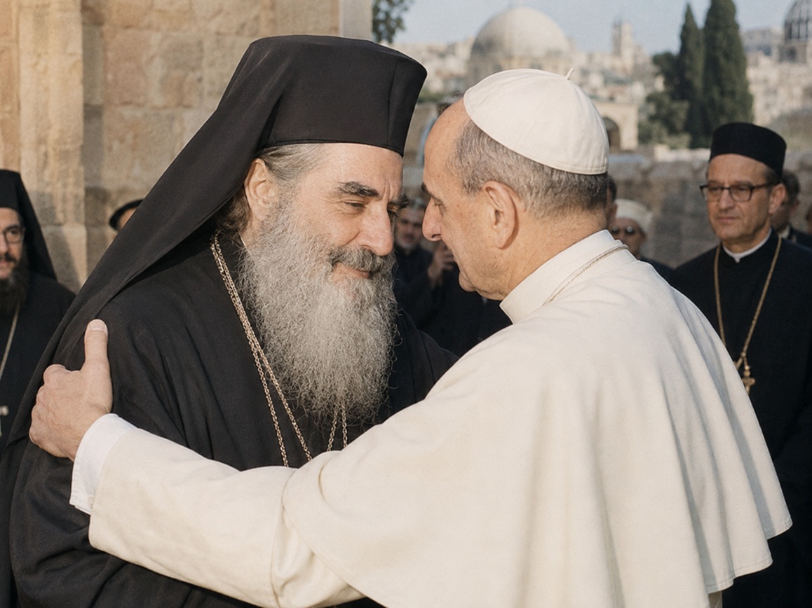 A pope and an Orthodox patriarch embracing in Jerusalem